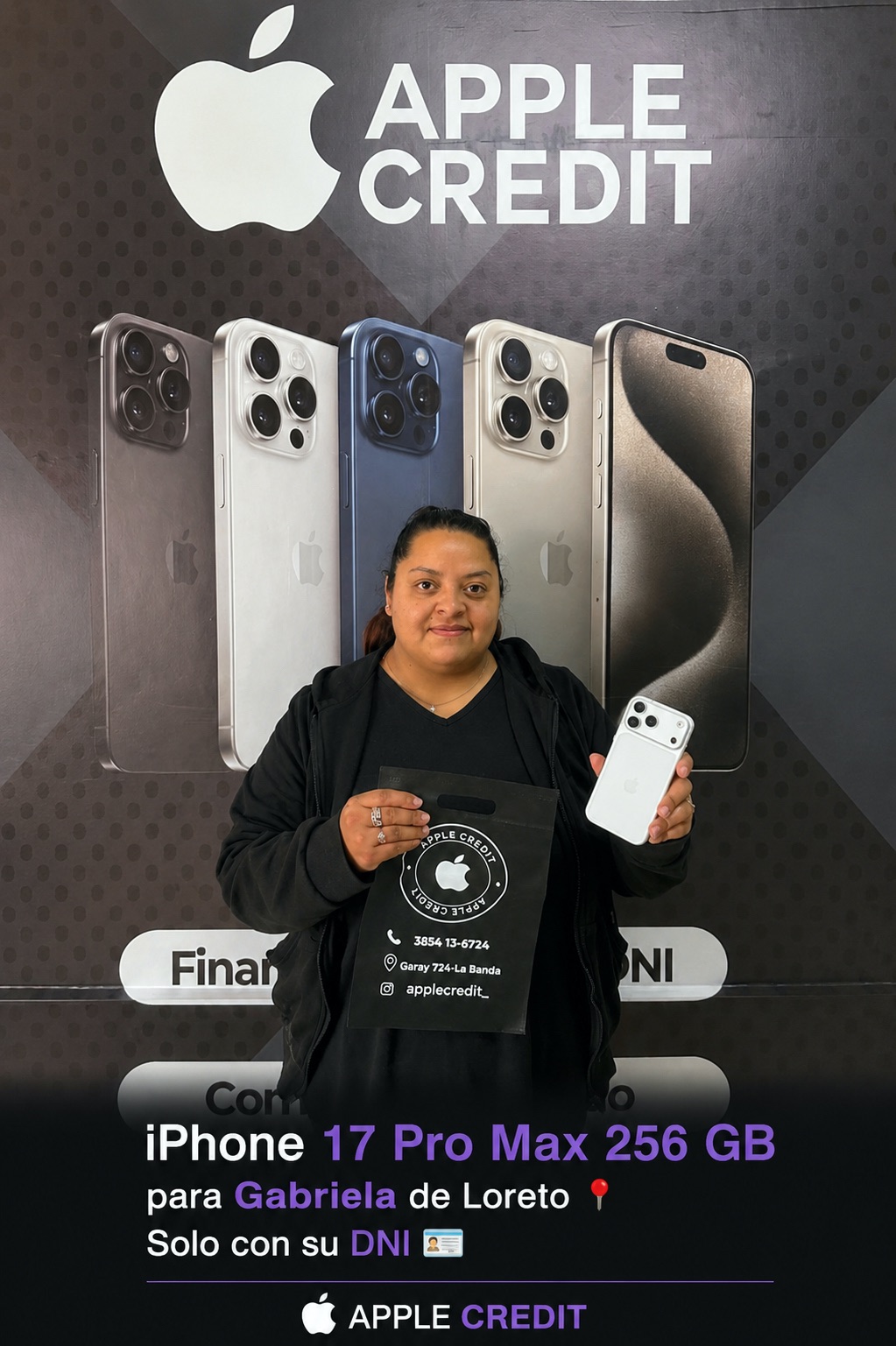 Gabriela de Loreto con su iPhone 17 Pro Max financiado solo con DNI